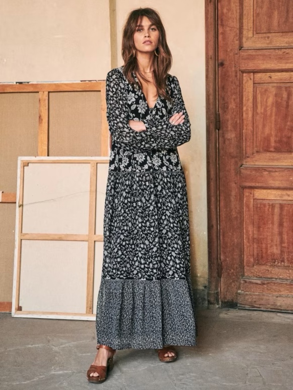 Sezane Noreen Dress‎ Black White Floral Maxi Size 4 FR 36 Silk Blend